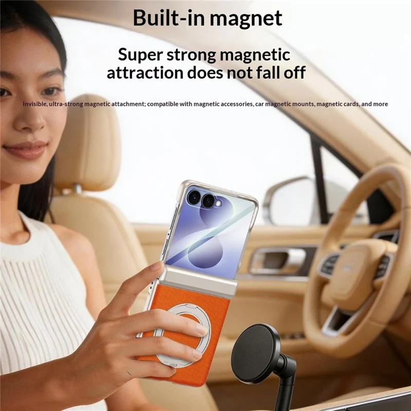 For Samsung Galaxy Z Flip8 Case with HD Screen Protector Magnetic Rotating Kickstand Tech Fabric + PC Phone Cover - Orange