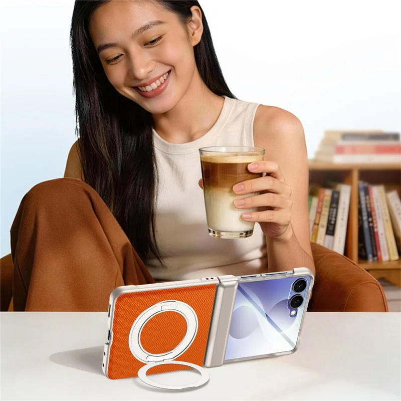 For Samsung Galaxy Z Flip8 Case with HD Screen Protector Magnetic Rotating Kickstand Tech Fabric + PC Phone Cover - Orange