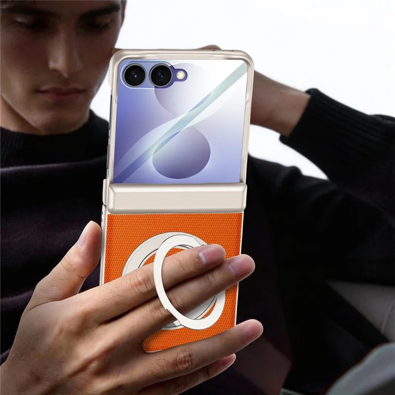 For Samsung Galaxy Z Flip8 Case with HD Screen Protector Magnetic Rotating Kickstand Tech Fabric + PC Phone Cover - Orange