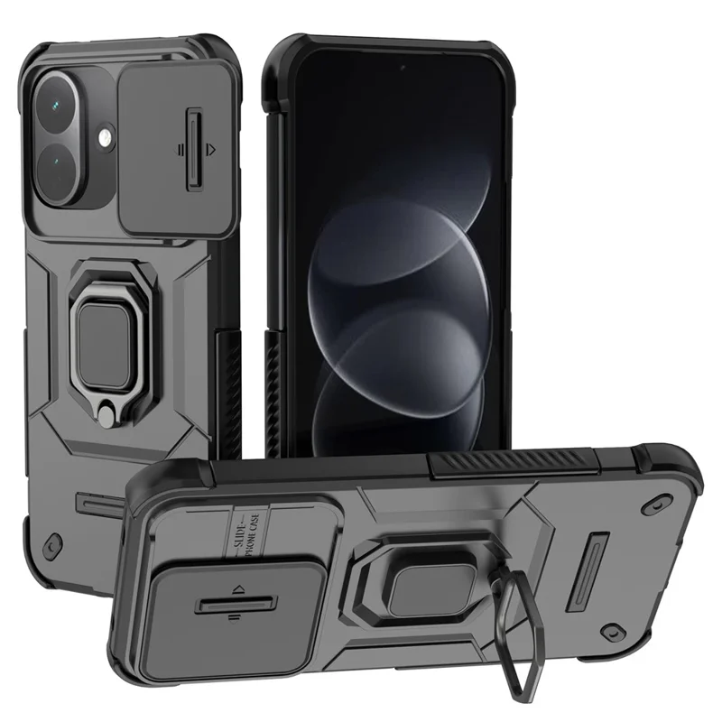 Coque pour Xiaomi Redmi Note 17 Pro 5G, protecteur de téléphone avec support pivotant en PC + TPU et couvercle pour objectif - Noir