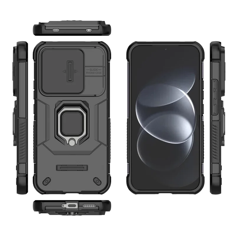 Coque pour Xiaomi Redmi Note 17 Pro 5G, protecteur de téléphone avec support pivotant en PC + TPU et couvercle pour objectif - Noir