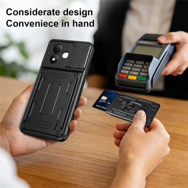 Til Xiaomi Redmi Note 17 Pro 5G Case PC + TPU støtteben Telefon bagside dæksel med kamera skyder - Sort
