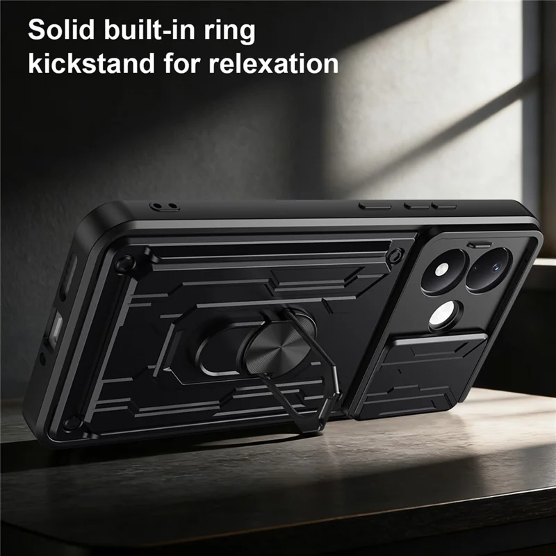Til Xiaomi Redmi Note 17 Pro 5G Case PC + TPU støtteben Telefon bagside dæksel med kamera skyder - Sort