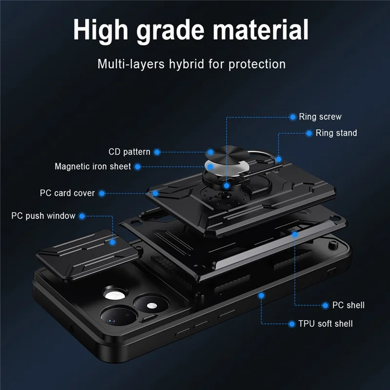 Til Xiaomi Redmi Note 17 Pro 5G Case PC + TPU støtteben Telefon bagside dæksel med kamera skyder - Sort