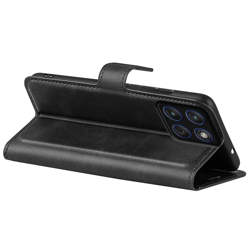For Motorola Edge 70 Max 5G Stand Case Anti-Scratch Calf Texture Leather Phone Cover - Black