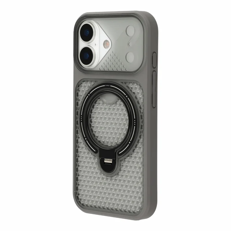 For iPhone 17 Case Ring Kickstand Honeycomb Heat Dissipation PC + TPU Phone Cover - Grey