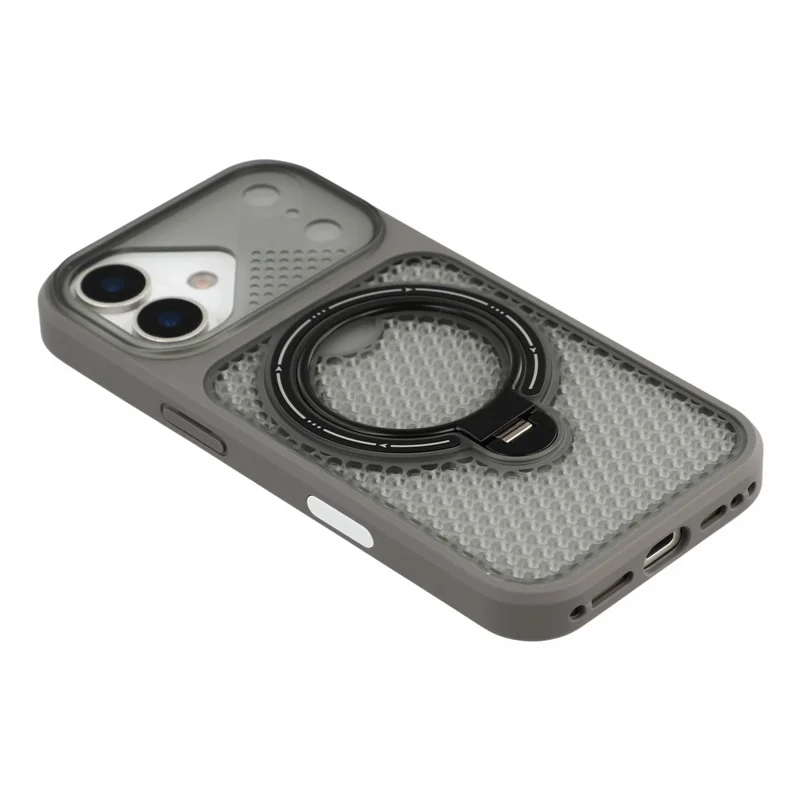 For iPhone 17 Case Ring Kickstand Honeycomb Heat Dissipation PC + TPU Phone Cover - Grey