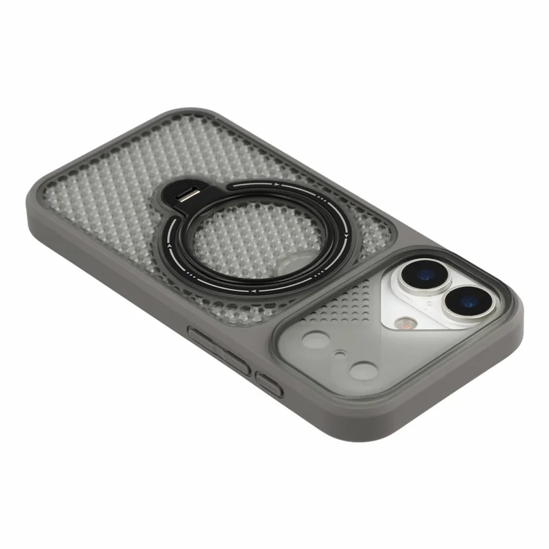 For iPhone 17 Case Ring Kickstand Honeycomb Heat Dissipation PC + TPU Phone Cover - Grey