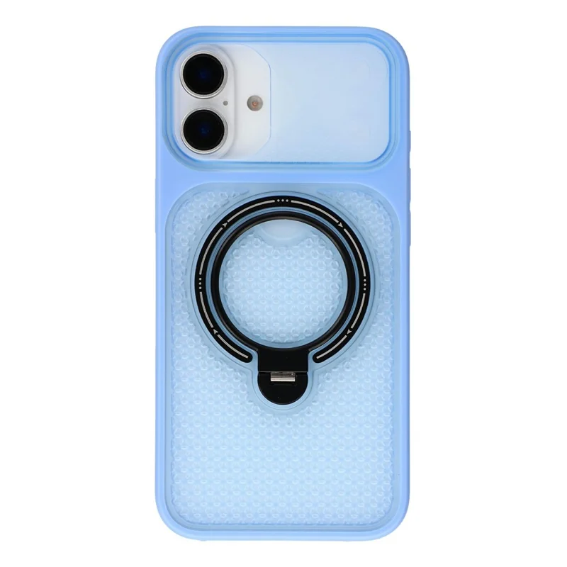 For iPhone 16 Case Ring Kickstand Honeycomb Heat Dissipation PC + TPU Phone Cover - Blue