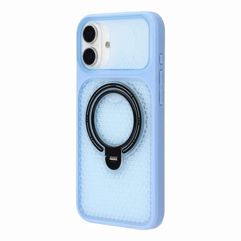 For iPhone 16 Case Ring Kickstand Honeycomb Heat Dissipation PC + TPU Phone Cover - Blue
