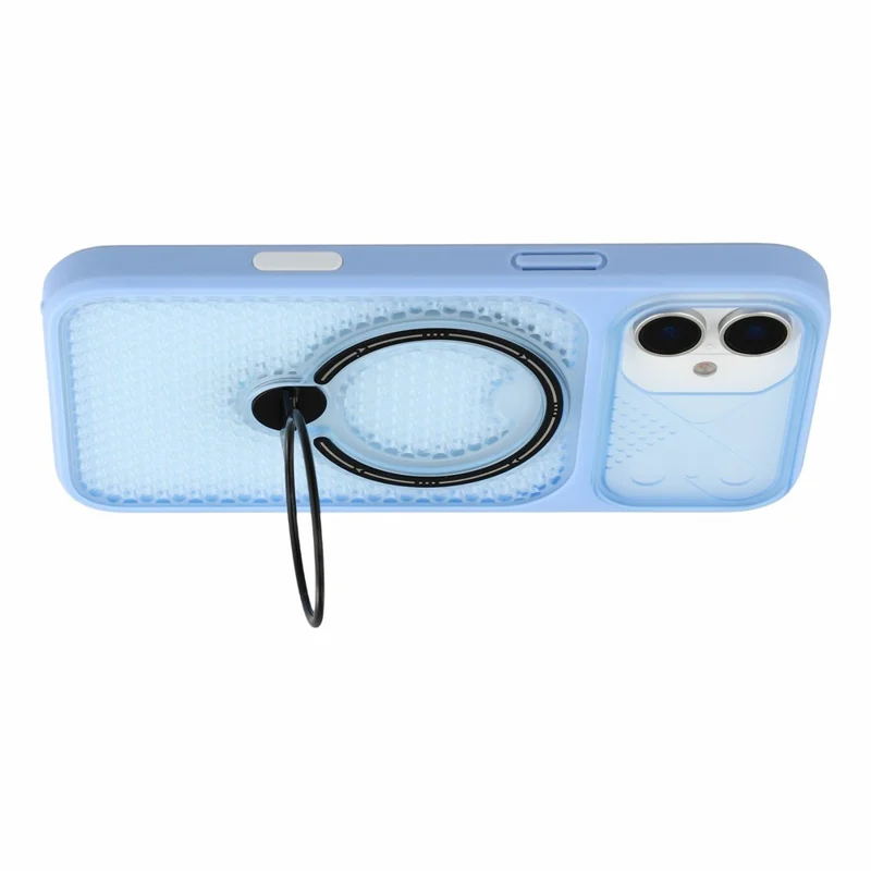 For iPhone 16 Case Ring Kickstand Honeycomb Heat Dissipation PC + TPU Phone Cover - Blue