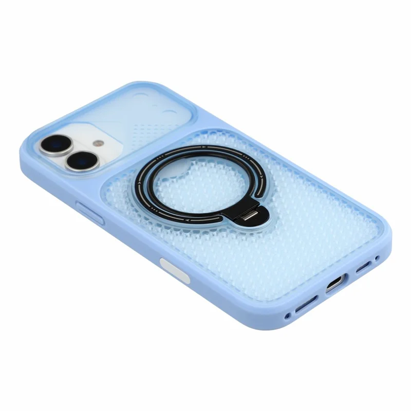 For iPhone 16 Case Ring Kickstand Honeycomb Heat Dissipation PC + TPU Phone Cover - Blue