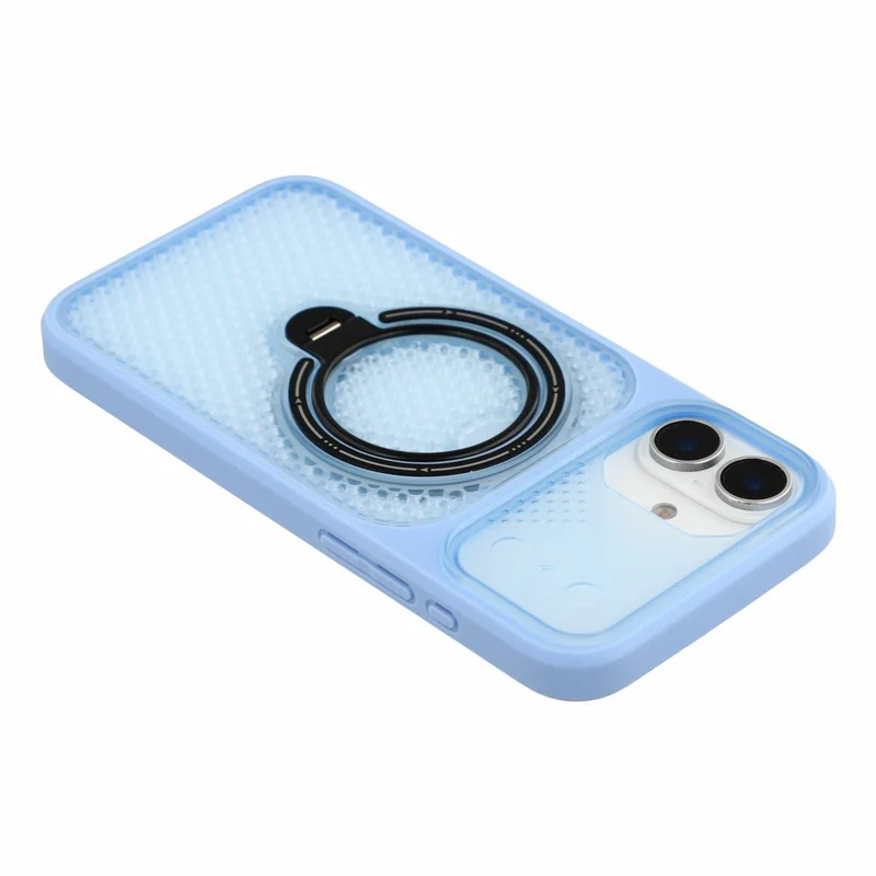 For iPhone 16 Case Ring Kickstand Honeycomb Heat Dissipation PC + TPU Phone Cover - Blue