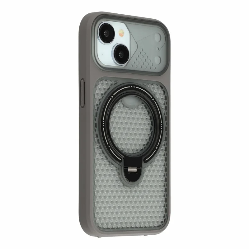 For iPhone 15 Case Ring Kickstand Honeycomb Heat Dissipation PC + TPU Phone Cover - Grey