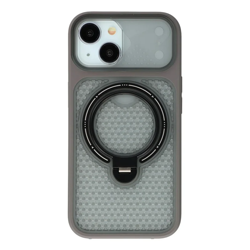For iPhone 15 Case Ring Kickstand Honeycomb Heat Dissipation PC + TPU Phone Cover - Grey