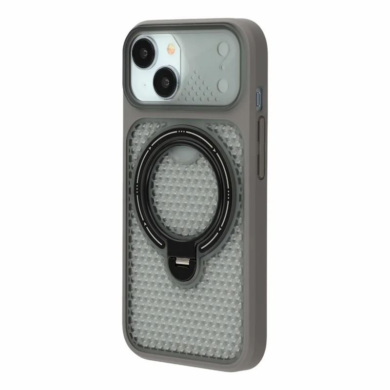For iPhone 15 Case Ring Kickstand Honeycomb Heat Dissipation PC + TPU Phone Cover - Grey