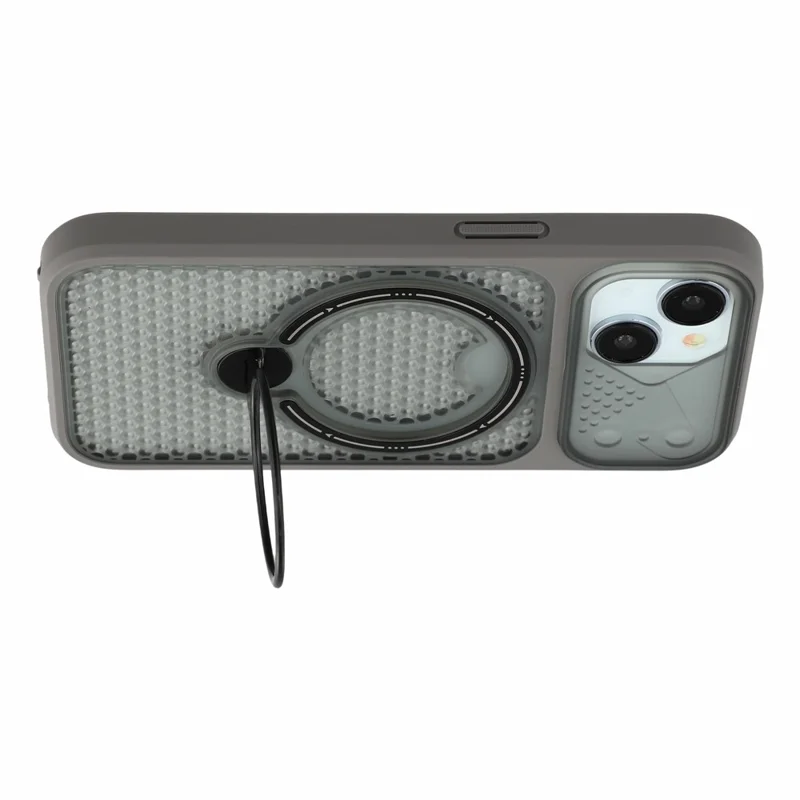 For iPhone 15 Case Ring Kickstand Honeycomb Heat Dissipation PC + TPU Phone Cover - Grey
