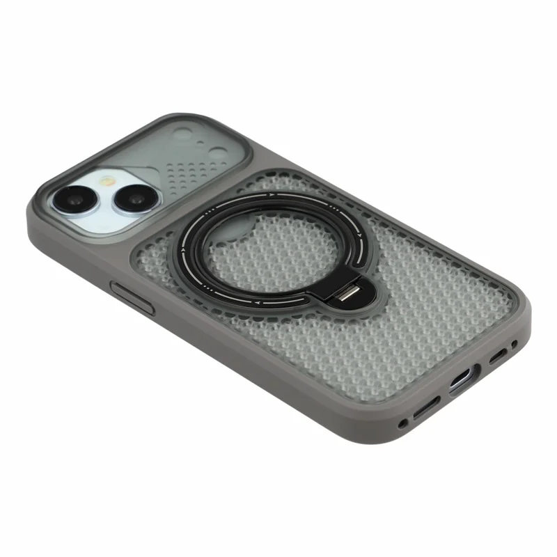 For iPhone 15 Case Ring Kickstand Honeycomb Heat Dissipation PC + TPU Phone Cover - Grey