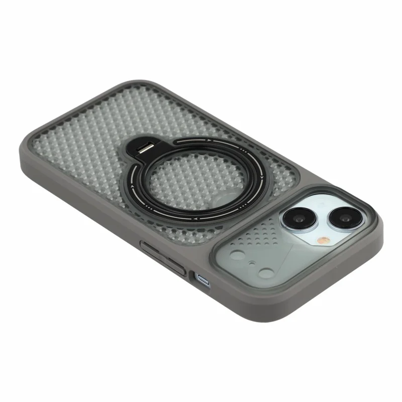 For iPhone 15 Case Ring Kickstand Honeycomb Heat Dissipation PC + TPU Phone Cover - Grey