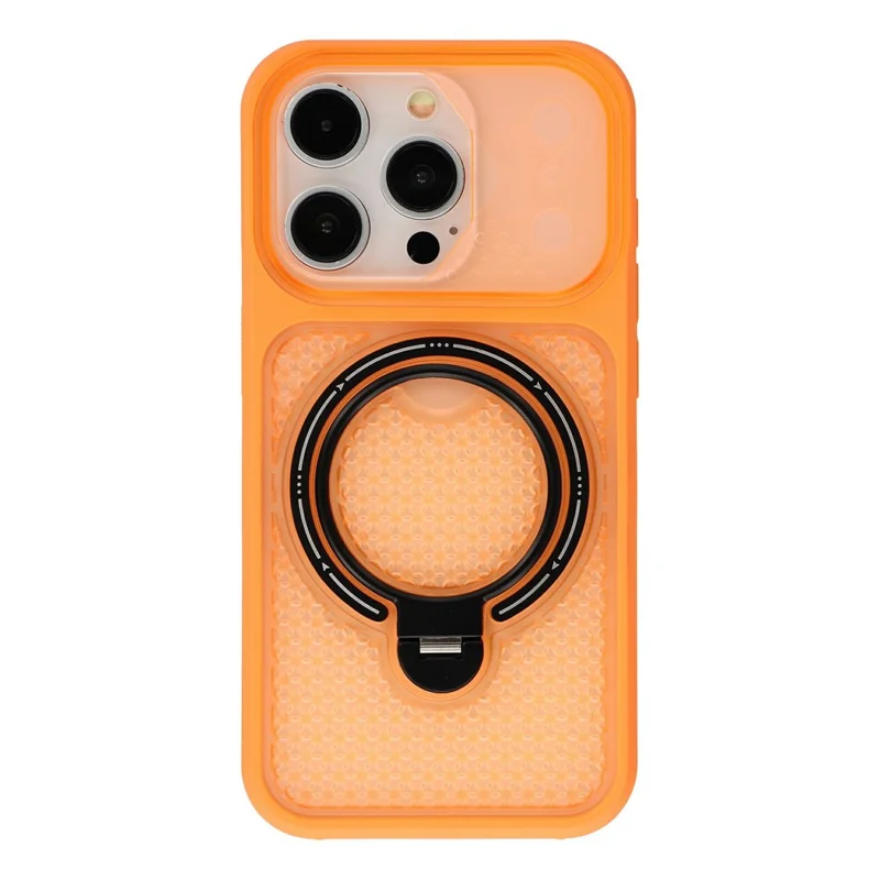 For iPhone 15 Pro Case Ring Kickstand Honeycomb Heat Dissipation PC + TPU Phone Cover - Orange