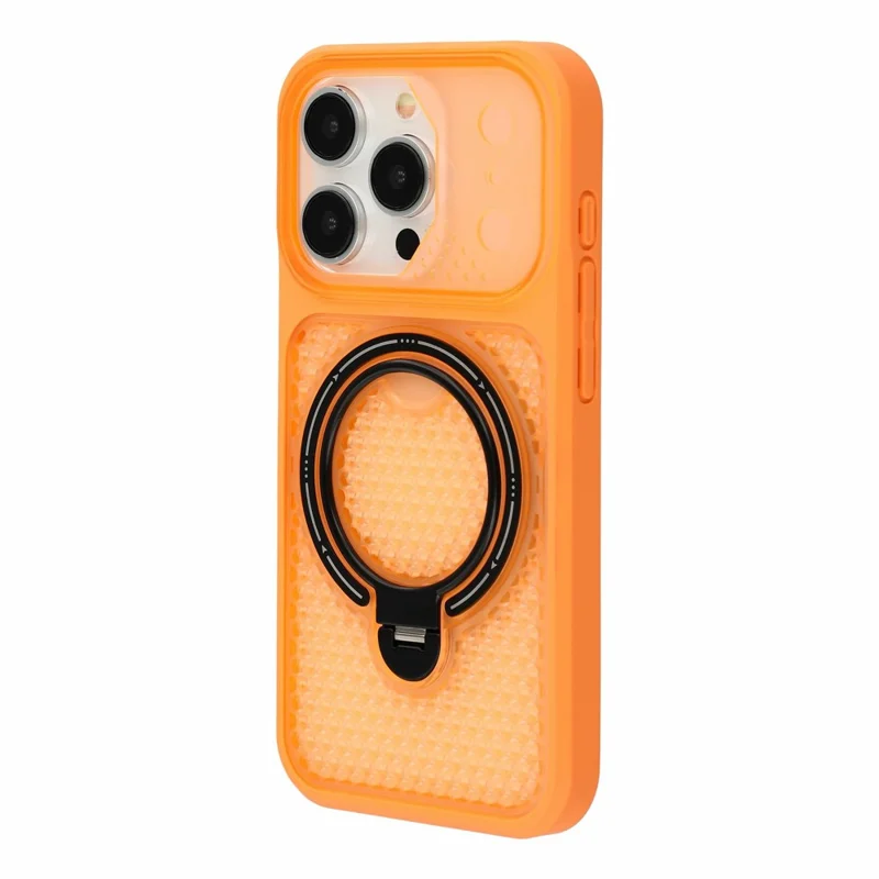 For iPhone 15 Pro Case Ring Kickstand Honeycomb Heat Dissipation PC + TPU Phone Cover - Orange