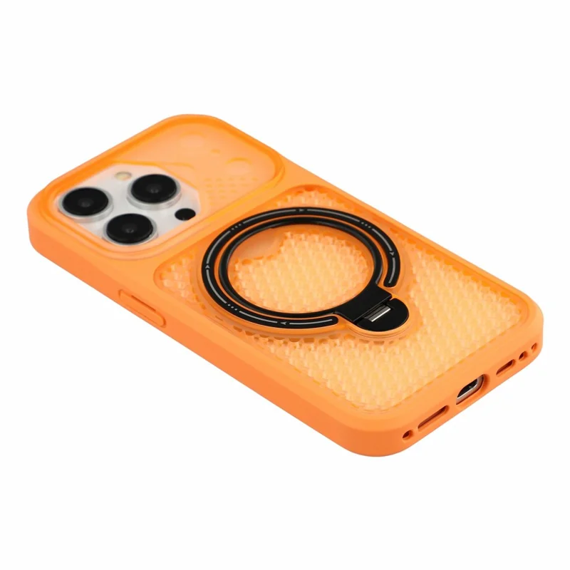 For iPhone 15 Pro Case Ring Kickstand Honeycomb Heat Dissipation PC + TPU Phone Cover - Orange