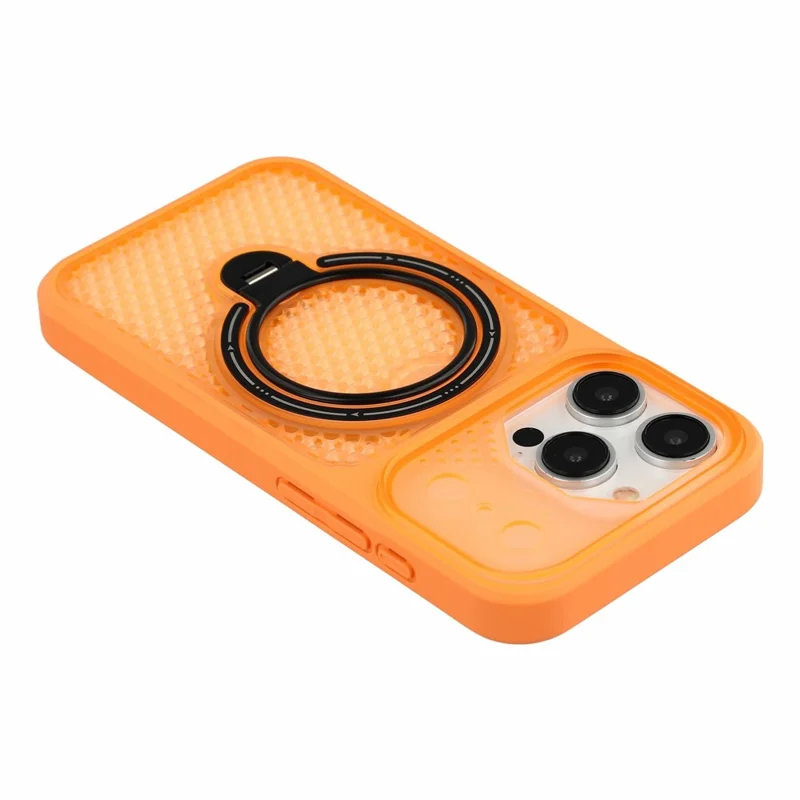 For iPhone 15 Pro Case Ring Kickstand Honeycomb Heat Dissipation PC + TPU Phone Cover - Orange