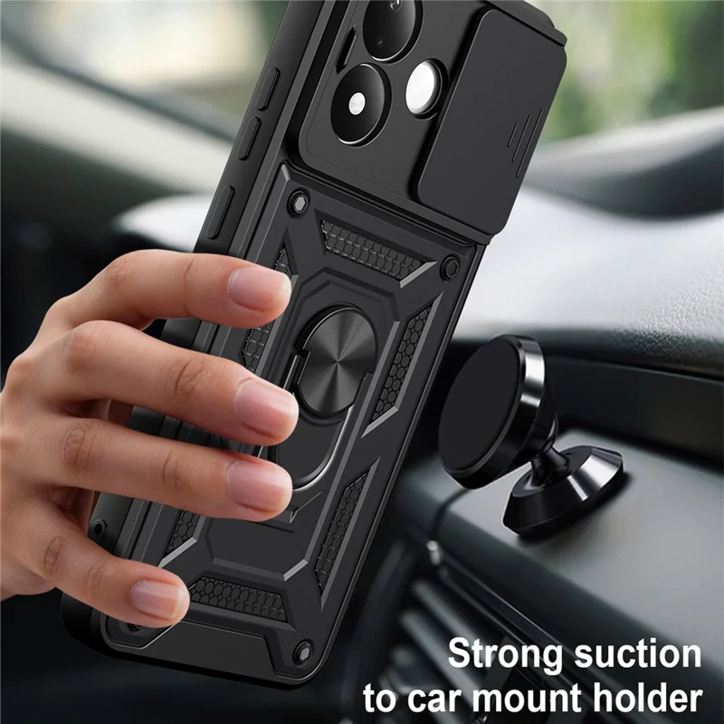For Xiaomi Redmi Note 17 Pro 5G Case with Slide Camera Lid PC + TPU Kickstand Phone Cover - Black