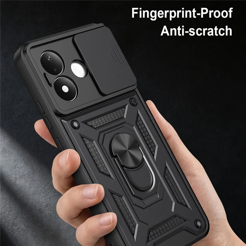 For Xiaomi Redmi Note 17 Pro 5G Case with Slide Camera Lid PC + TPU Kickstand Phone Cover - Black