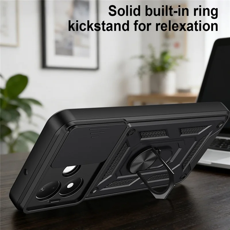 For Xiaomi Redmi Note 17 Pro 5G Case with Slide Camera Lid PC + TPU Kickstand Phone Cover - Black
