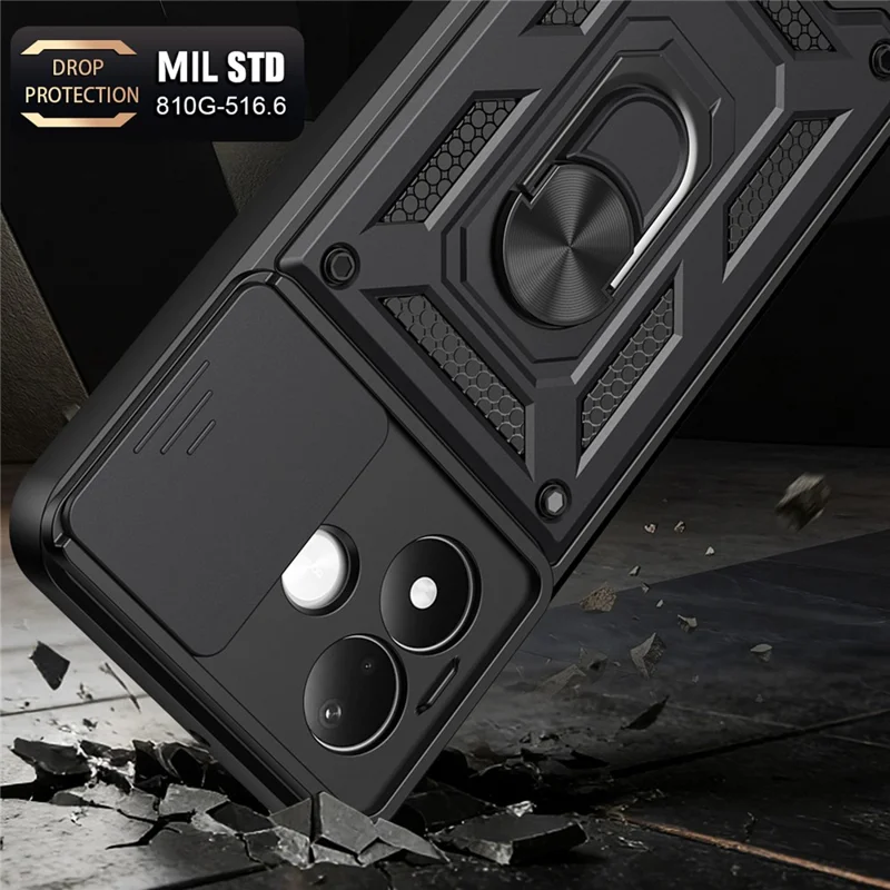 For Xiaomi Redmi Note 17 Pro 5G Case with Slide Camera Lid PC + TPU Kickstand Phone Cover - Black