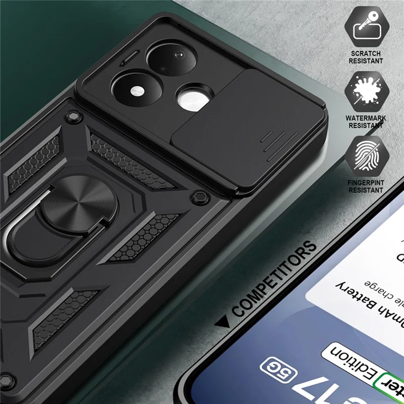 For Xiaomi Redmi Note 17 Pro 5G Case with Slide Camera Lid PC + TPU Kickstand Phone Cover - Black