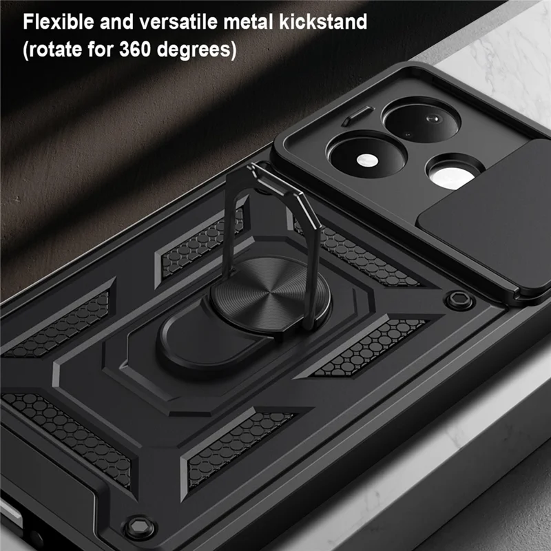 For Xiaomi Redmi Note 17 Pro 5G Case with Slide Camera Lid PC + TPU Kickstand Phone Cover - Black
