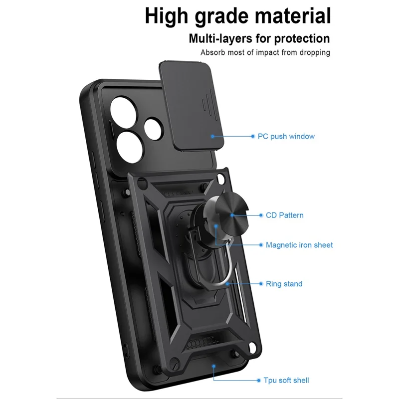 For Xiaomi Redmi Note 17 Pro 5G Case with Slide Camera Lid PC + TPU Kickstand Phone Cover - Black