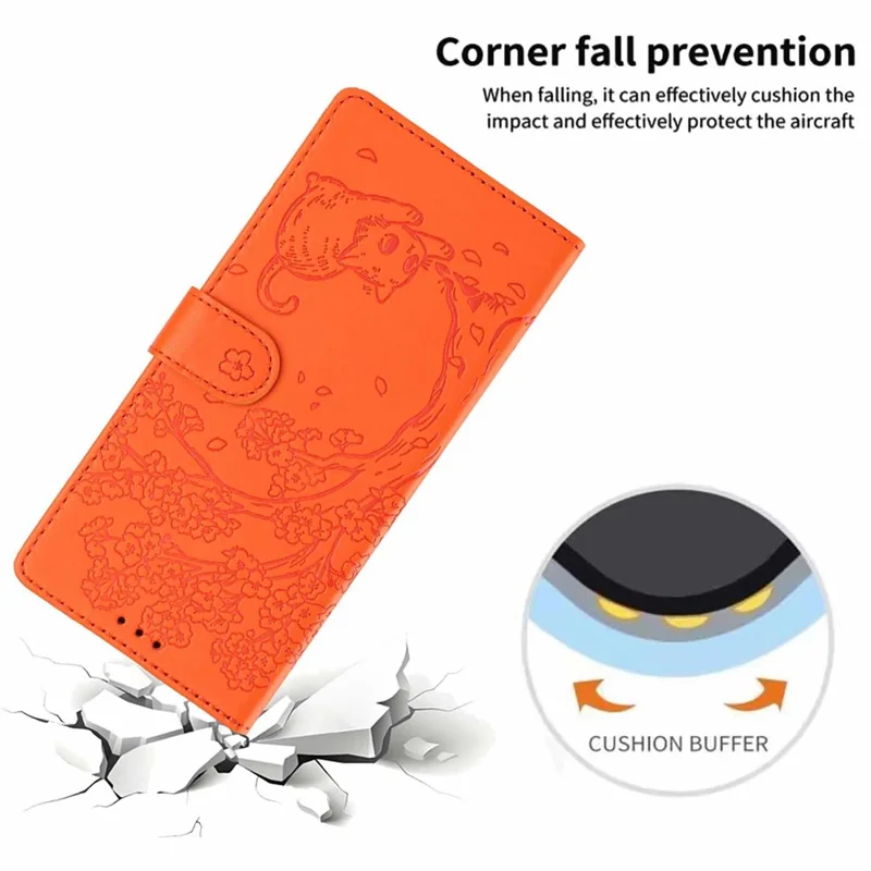 For Google Pixel 11a Stand Case Tree-and-Cat Pattern PU Leather Wallet Protective Phone Cover with Wrist Strap - Orange