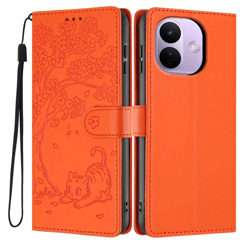 Flipcase til Xiaomi Redmi Note 17 Pro 5G med ståfunktion, træ-og-kat-mønster, PU-læder, wallet, beskyttelsesdæksel med håndledsrem - Orange