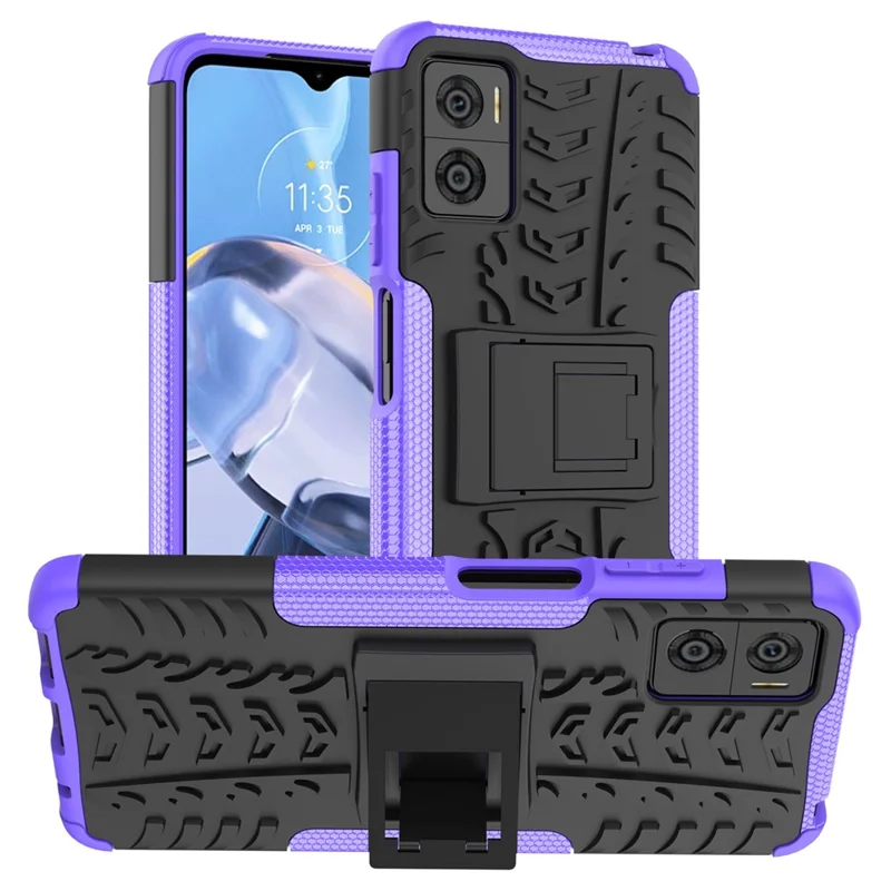 For Motorola Moto E22 4G Hard PC+TPU Rugged Tire Pattern Phone Case Kickstand Drop-proof Back Cover - Purple