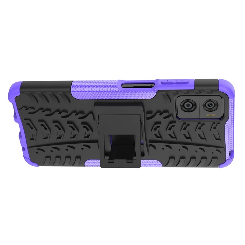 For Motorola Moto E22 4G Hard PC+TPU Rugged Tire Pattern Phone Case Kickstand Drop-proof Back Cover - Purple