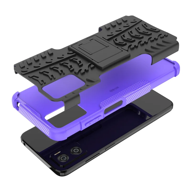 For Motorola Moto E22 4G Hard PC+TPU Rugged Tire Pattern Phone Case Kickstand Drop-proof Back Cover - Purple