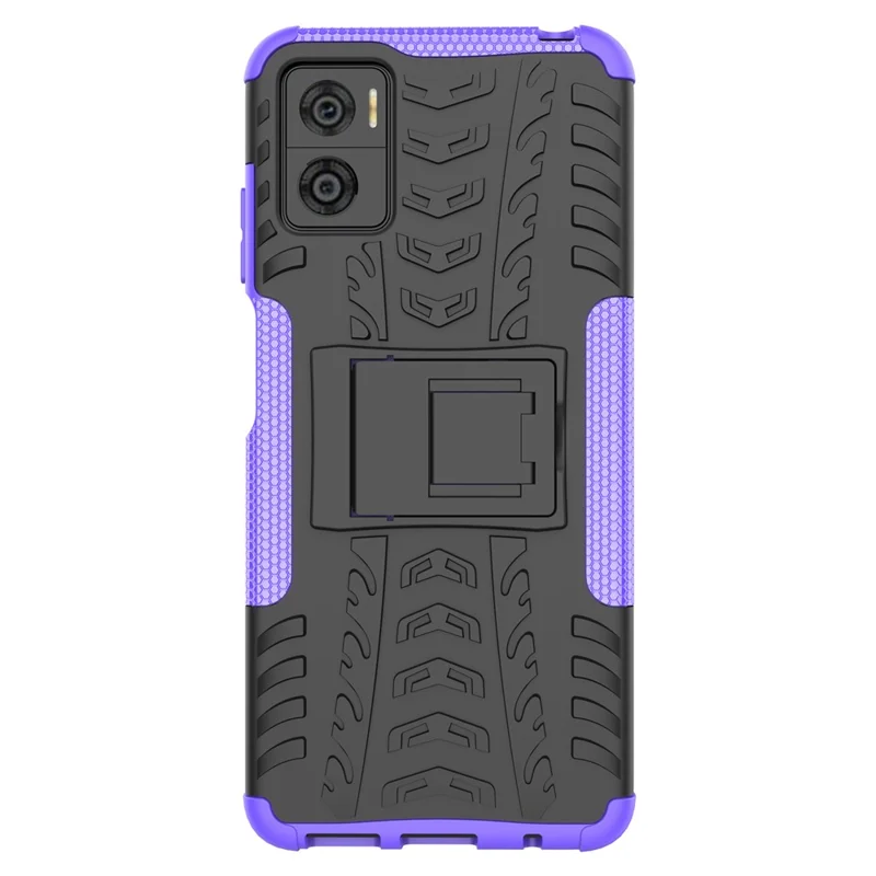 For Motorola Moto E22 4G Hard PC+TPU Rugged Tire Pattern Phone Case Kickstand Drop-proof Back Cover - Purple