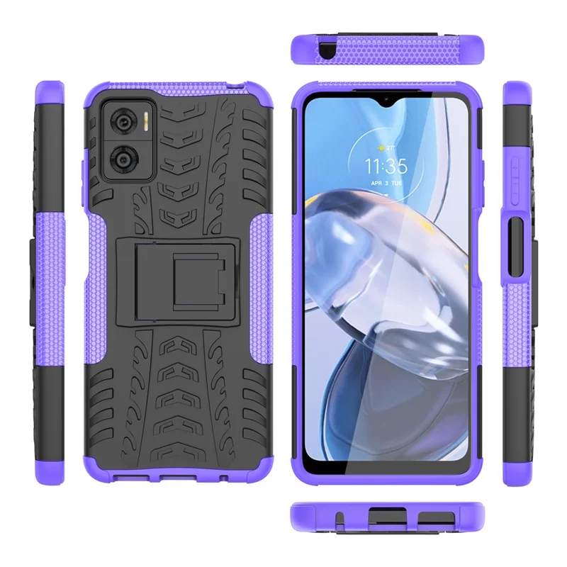 For Motorola Moto E22 4G Hard PC+TPU Rugged Tire Pattern Phone Case Kickstand Drop-proof Back Cover - Purple