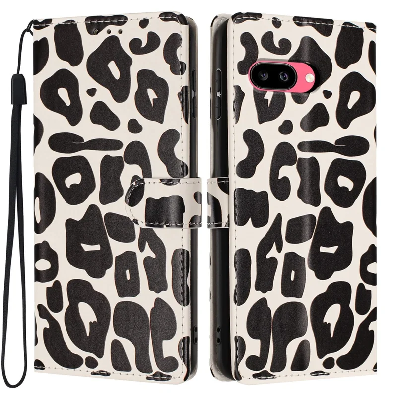 For Google Pixel 11a Case Leopard Print Wallet Stand Flip Leather Phone Cover with Wrist Strap - Black