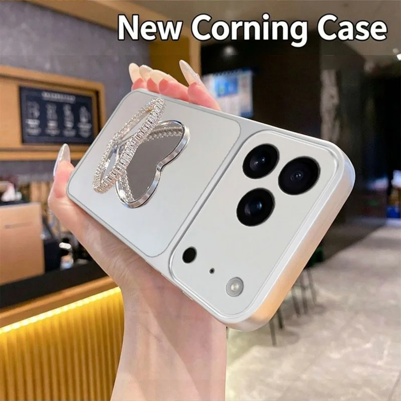 2-in-1 Makeup Mirror Kickstand Phone Case for iPhone 18 Pro  /  17 Pro Metallic Paint PC+TPU Back Cover - Silver