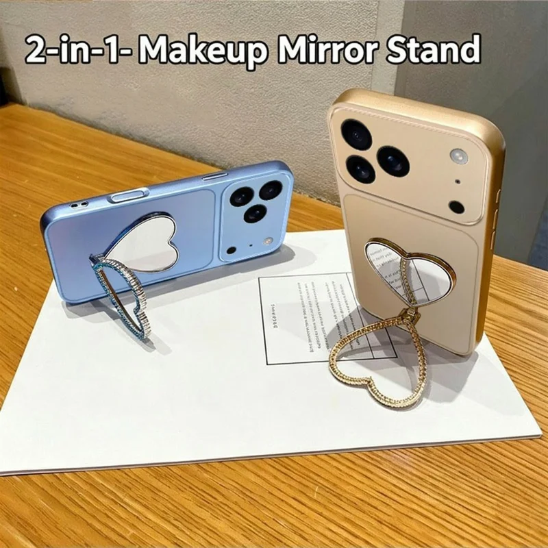 2-in-1 Makeup Mirror Kickstand Phone Case for iPhone 18 Pro  /  17 Pro Metallic Paint PC+TPU Back Cover - Silver