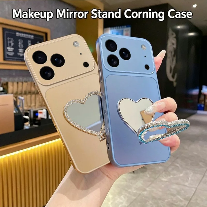 2-in-1 Makeup Mirror Kickstand Phone Case for iPhone 18 Pro  /  17 Pro Metallic Paint PC+TPU Back Cover - Silver
