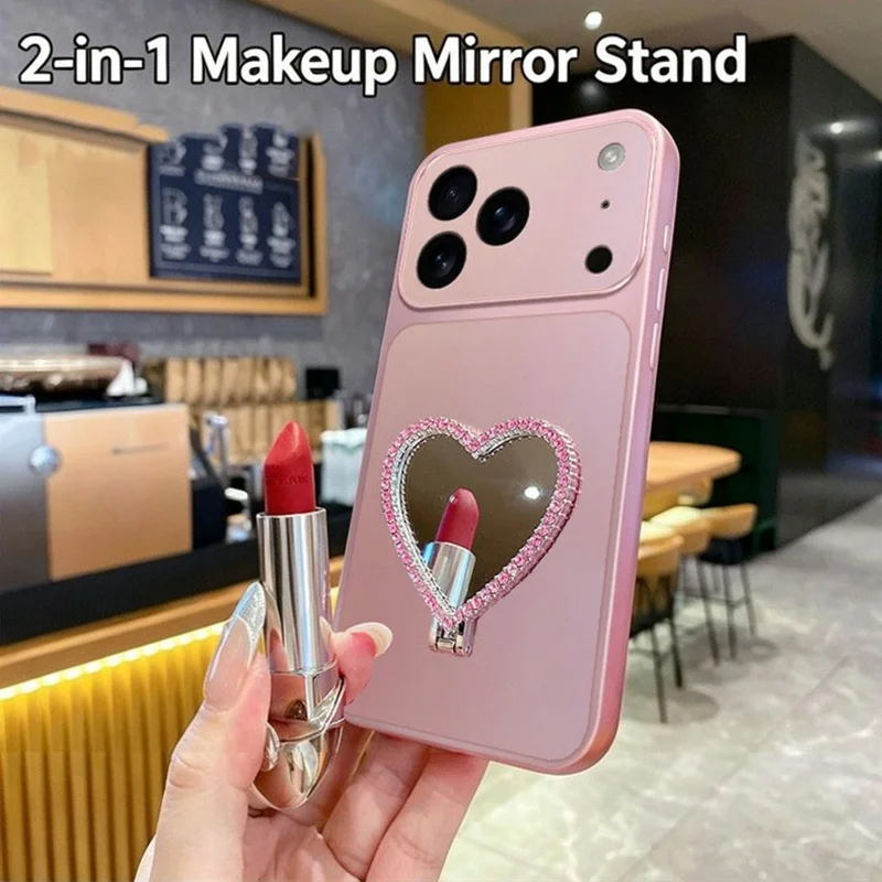2-in-1 Makeup Mirror Kickstand Phone Case for iPhone 18 Pro Max  /  17 Pro Max Metallic Paint PC+TPU Back Cover - Silver