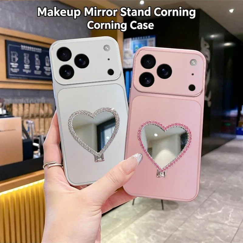 2-in-1 Makeup Mirror Kickstand Phone Case for iPhone 18 Pro Max  /  17 Pro Max Metallic Paint PC+TPU Back Cover - Silver