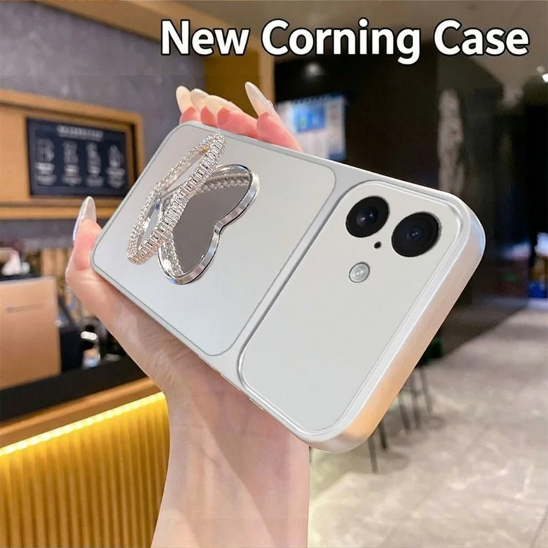 2-in-1 Makeup Mirror Kickstand Phone Case for iPhone 17 Metallic Paint PC+TPU Back Cover - Silver