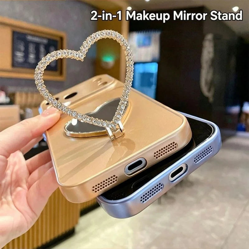 2-in-1 Makeup Mirror Kickstand Phone Case for iPhone 17 Metallic Paint PC+TPU Back Cover - Silver