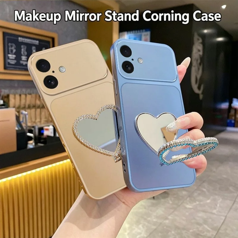 2-in-1 Makeup Mirror Kickstand Phone Case for iPhone 17 Metallic Paint PC+TPU Back Cover - Silver